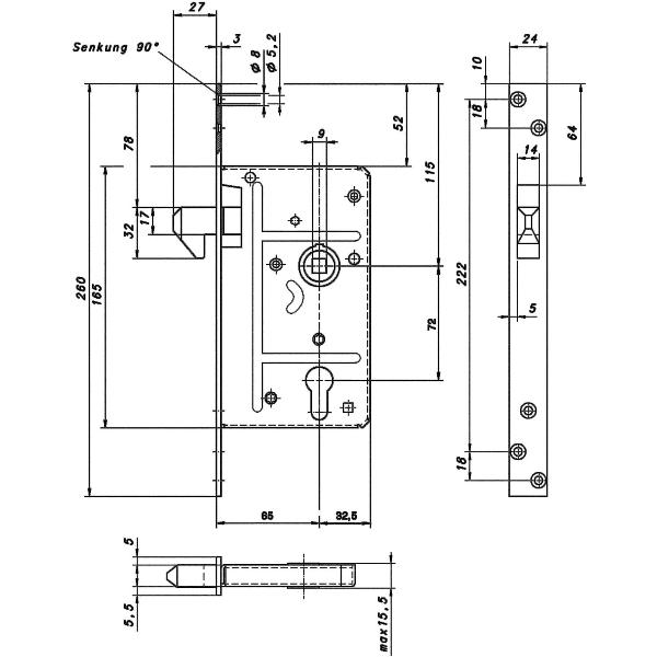 Schiebetürschloss mit Hakenriegel, PZW, DM 65, VK 9 mm, eckig, Edelstahl