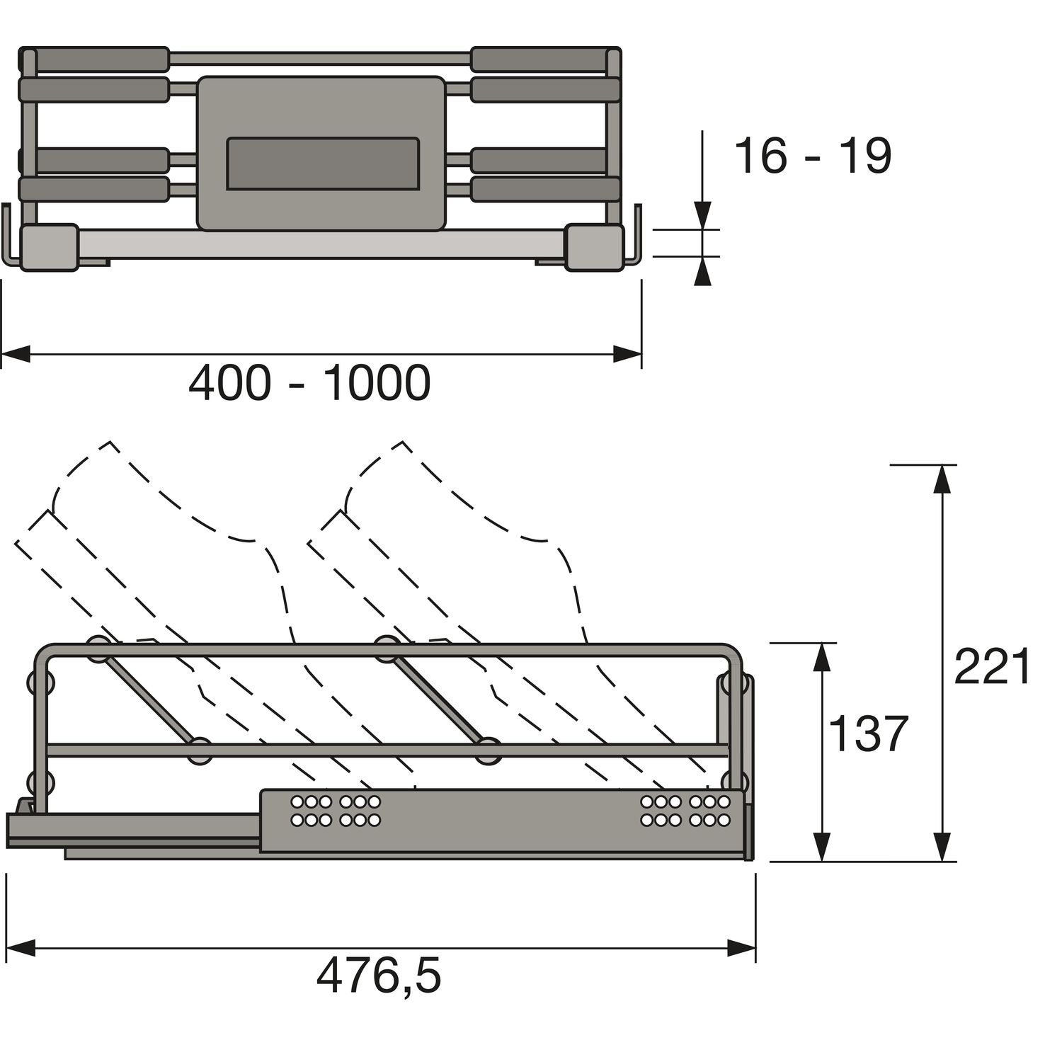 HETTICH Schuhauszug Amari, Lichte Korpusbreite 700-800mm, Stahl, silber