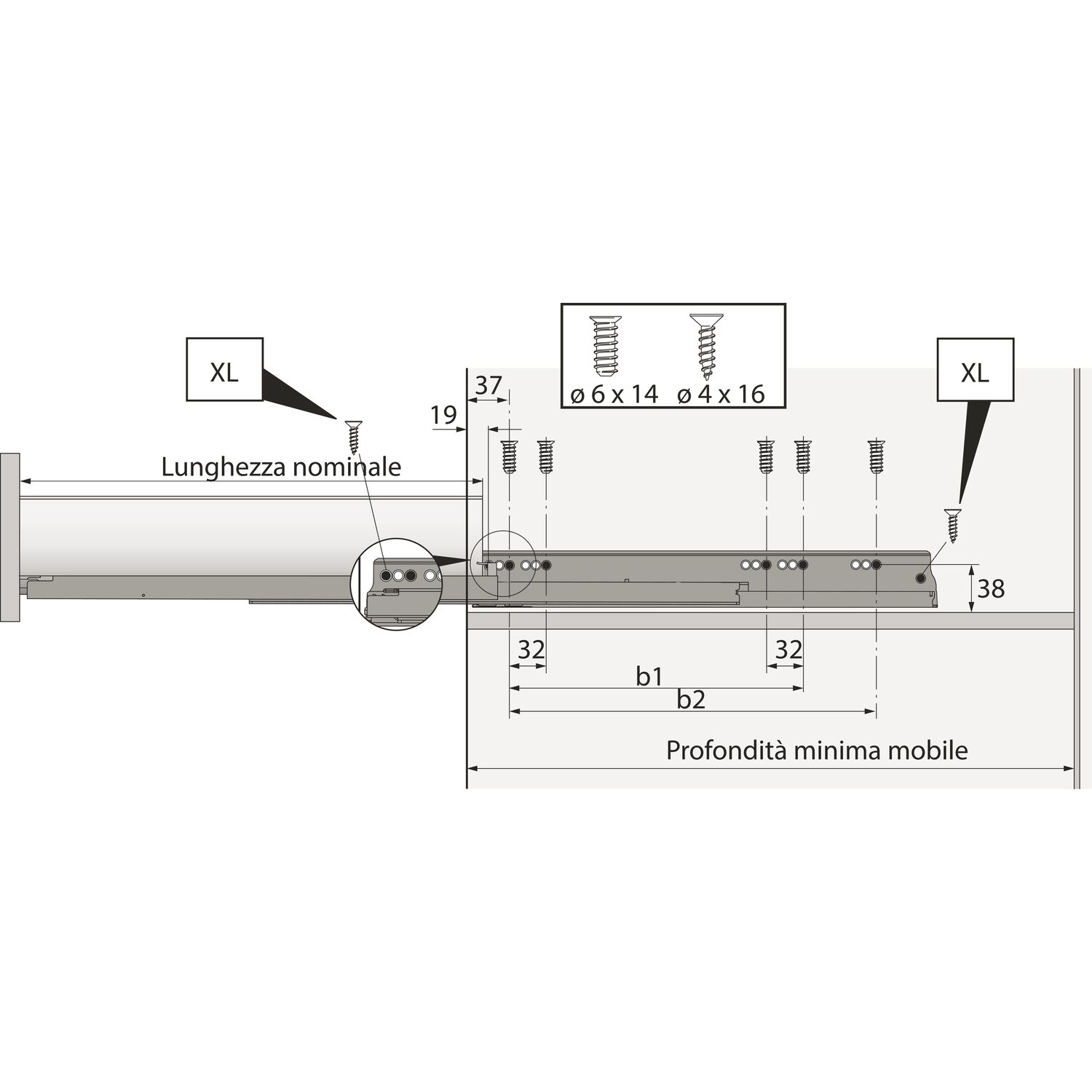 per cassetto di profondità: 450 mm Corde actro con sistema silenzioso carico 40 kg Hettich 